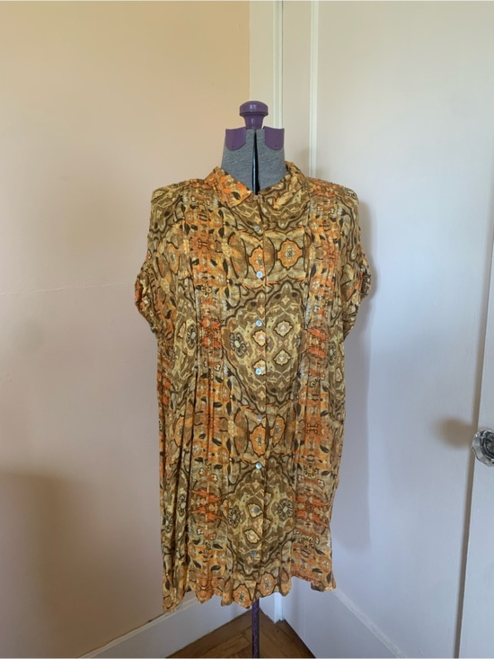 Jane+Delancey XL Orange Brown Paisley Button Front Pintuck Rayon Tunic‎ Top